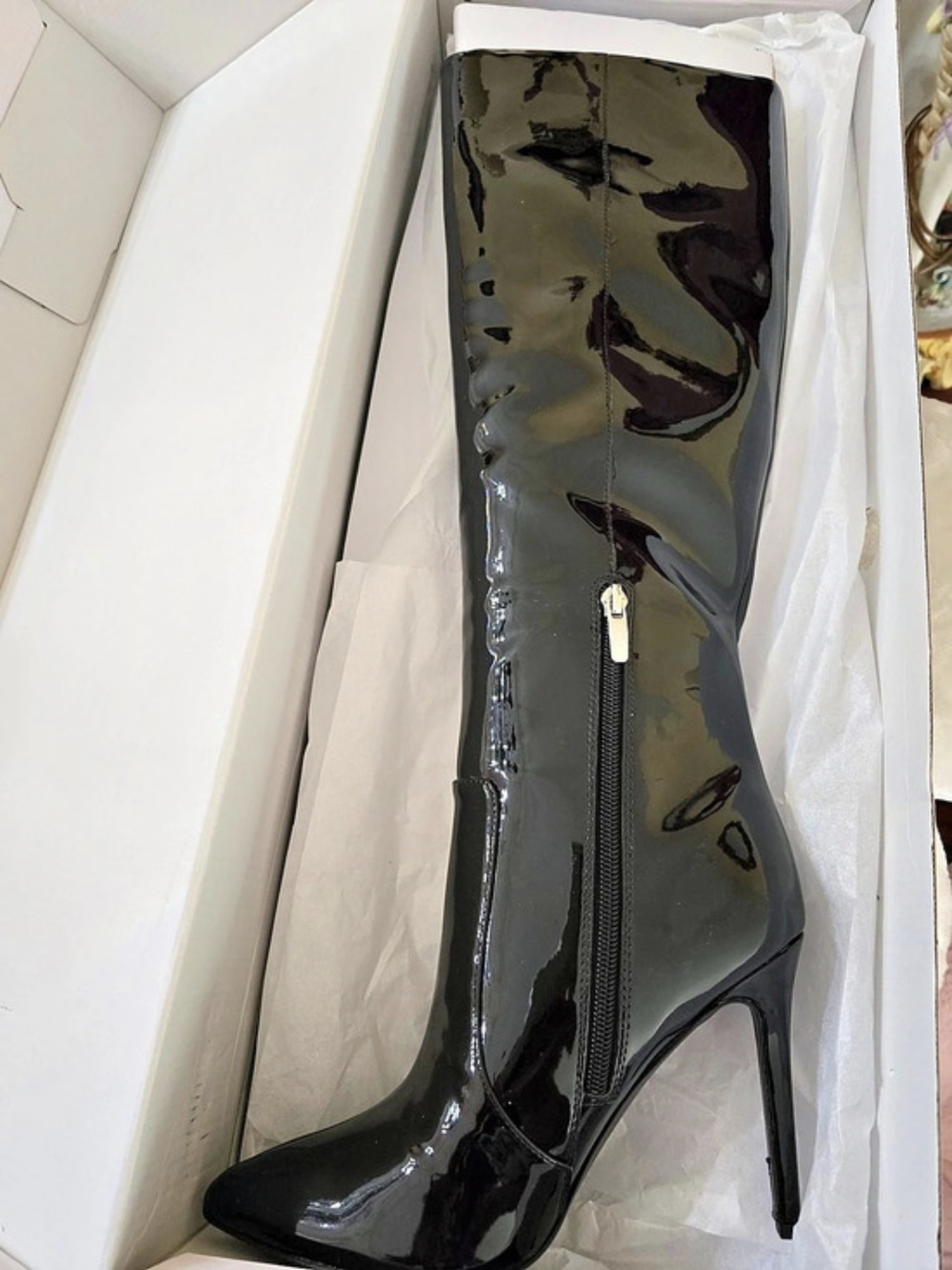 New In Box Nine West Taler Black Patent Heeled Boots 7.5